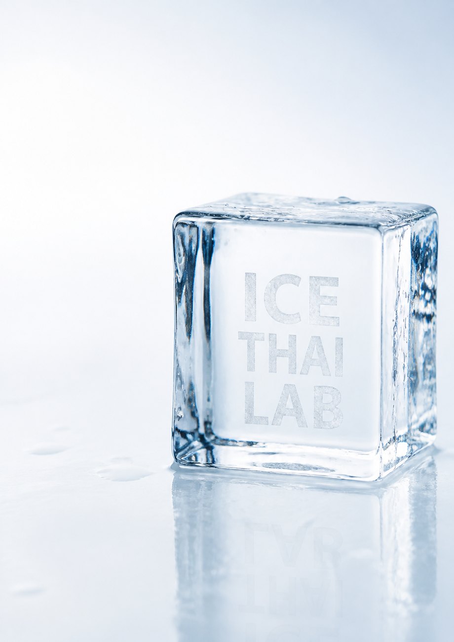 Куб льда с логотипом ICE THAI LAB внутри